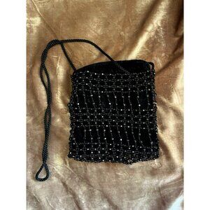 Black Beaded Drawstring Evening Bag Prom Formal 20s Flapper Accessory Purse READ
